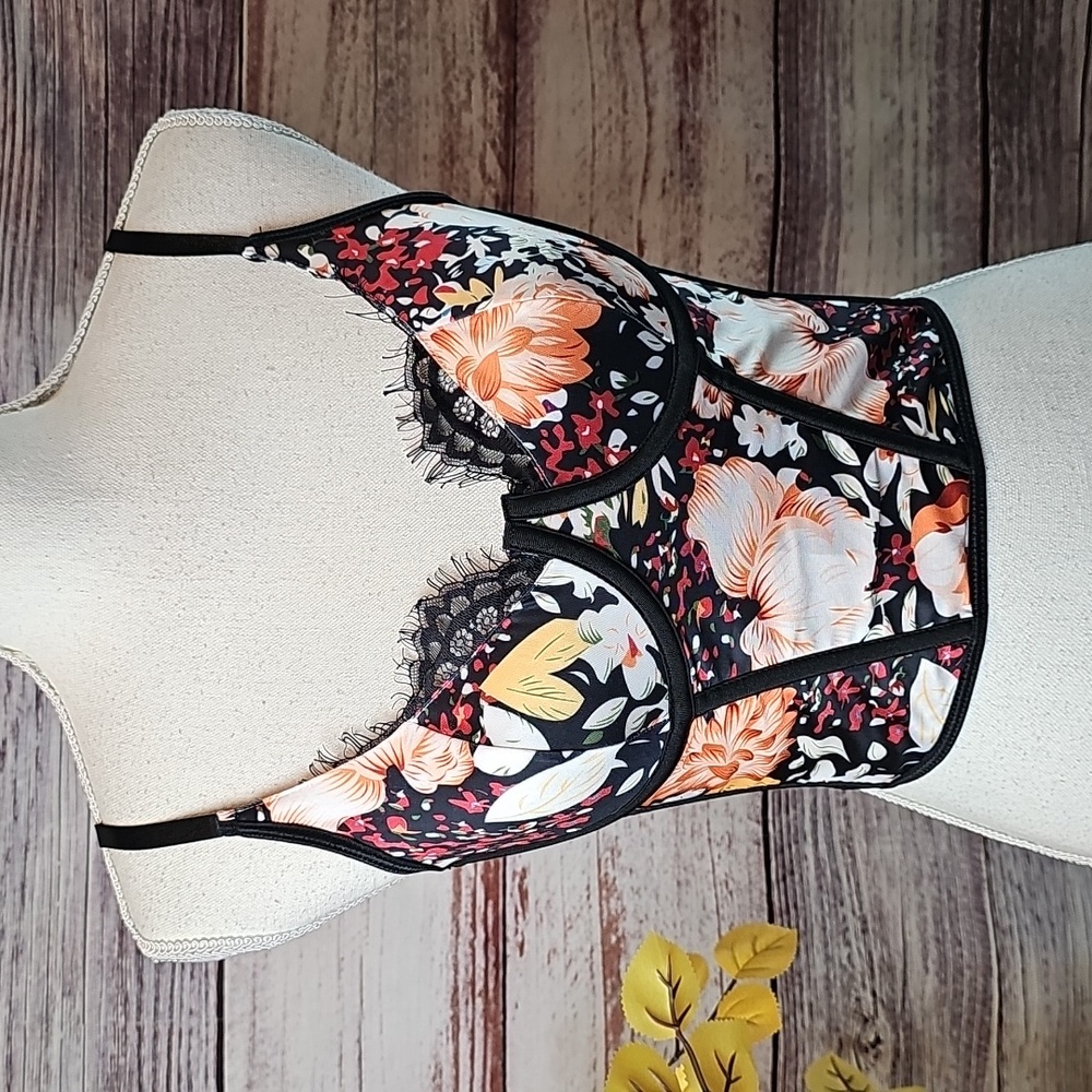 NEW SHEIN BLACK FLORAL EYELASH TRIM UNDERWIRE CORSET - Picture 2 of 11
